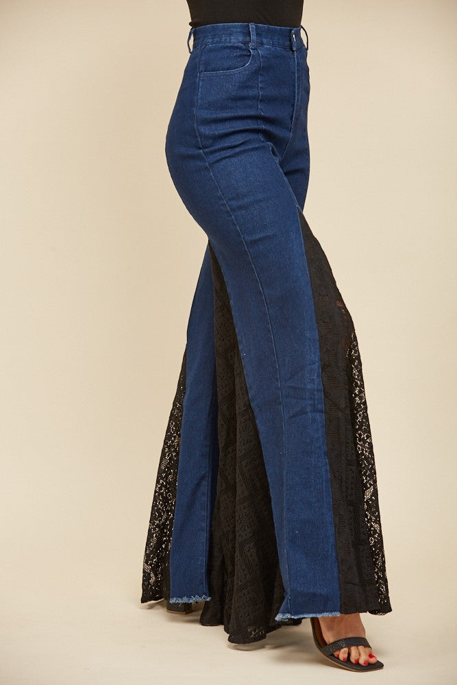 Lace Trim Raw Detail Wide Leg Jeans main image 0