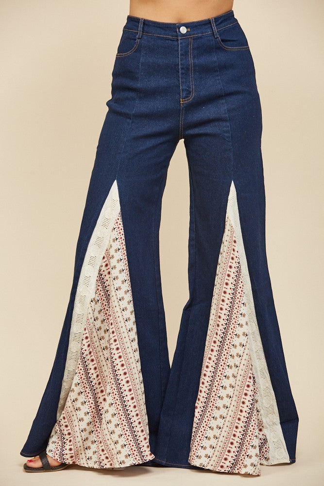 23439 Lace Panel Wide Leg Denim Pants main image 0