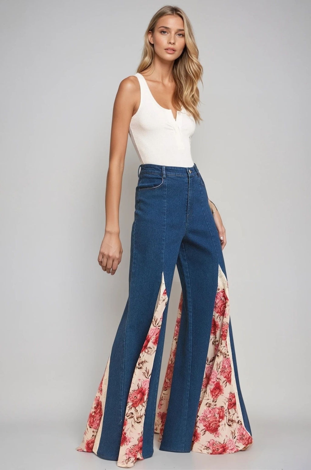 23439 Lace Panel Wide Leg Denim Pants