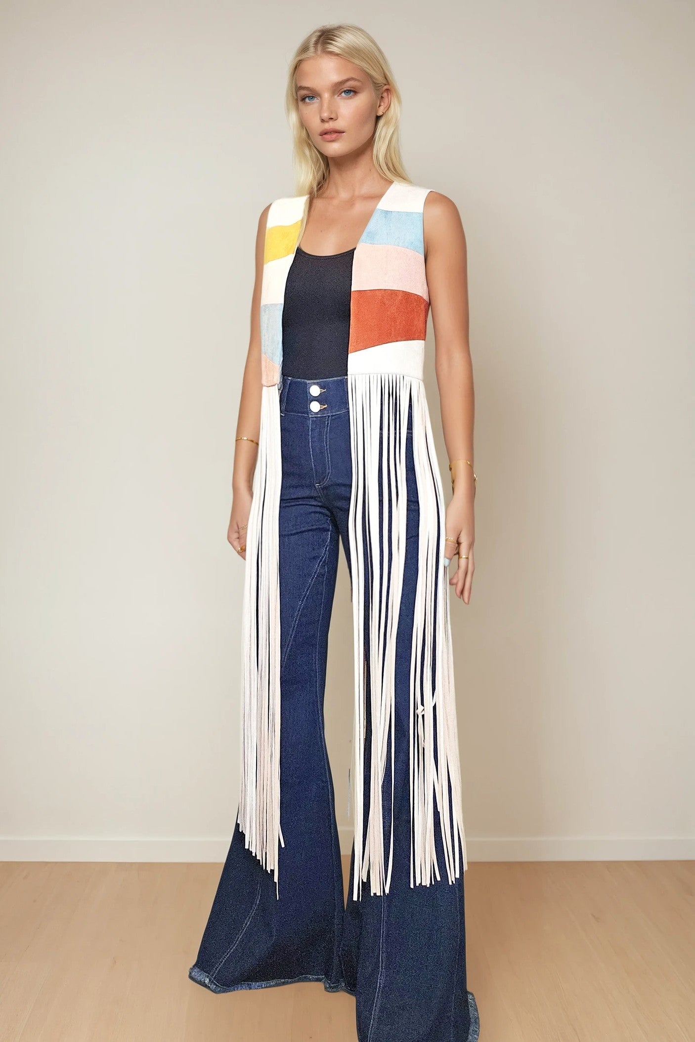 MAXI COLORBLOCK SUNRISE FAUX SUEDE VEST W6312JIB – Wisteria Lane