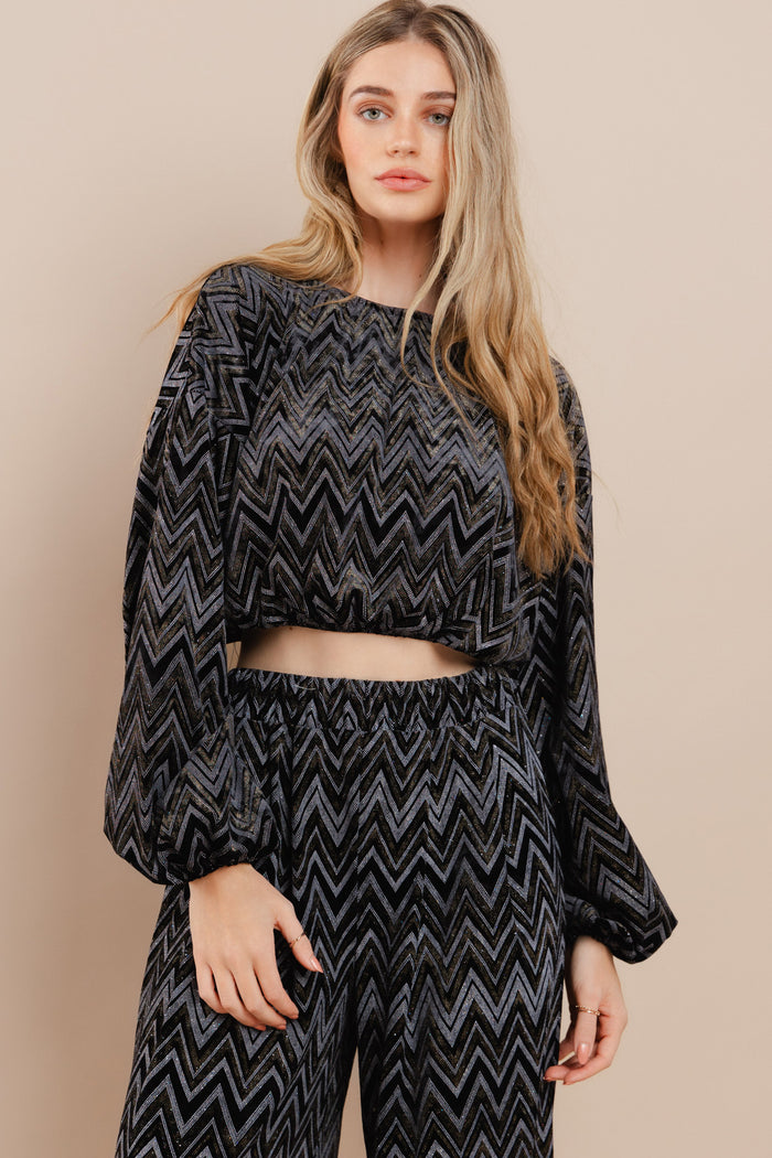 VELVET W/ FOIL LONG SLEEVE CROPPED KNIT TOP W1485TA-1