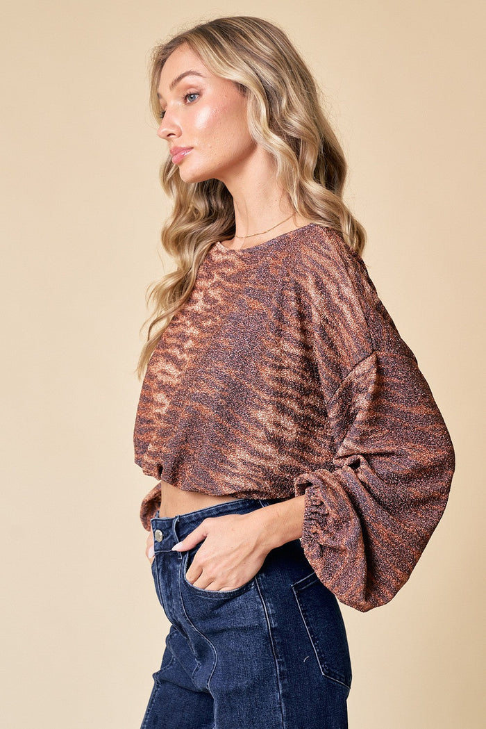 PRINTED CROPPED KNIT TOP W1485TA BRONZE