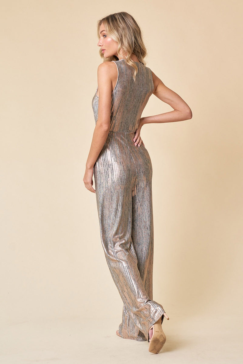 CUT OUT KNIT JUMPSUIT WITH METALLIC FOIL W4425RA