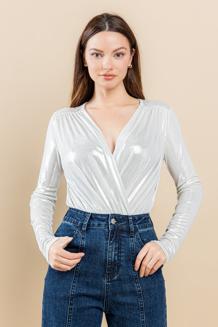 METALLIC SLINKY LONG SLEEVE SURPLICE BODYSUIT W1499RB