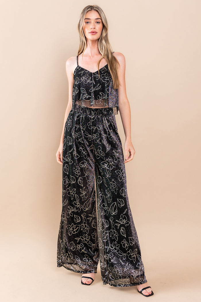METALLIC FOIL PLEATED SHEER PANTS WITH LINING W2371PA