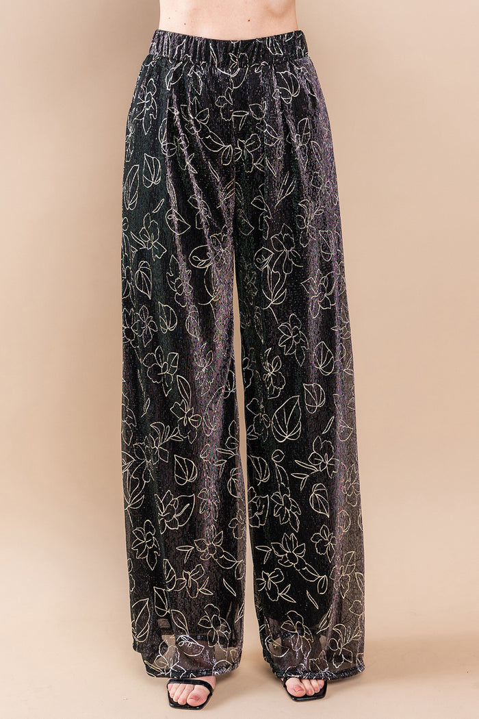METALLIC FOIL PLEATED SHEER PANTS WITH LINING W2371PA