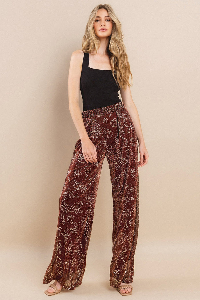 METALLIC FOIL PLEATED SHEER PANTS WITH LINING W2371PA