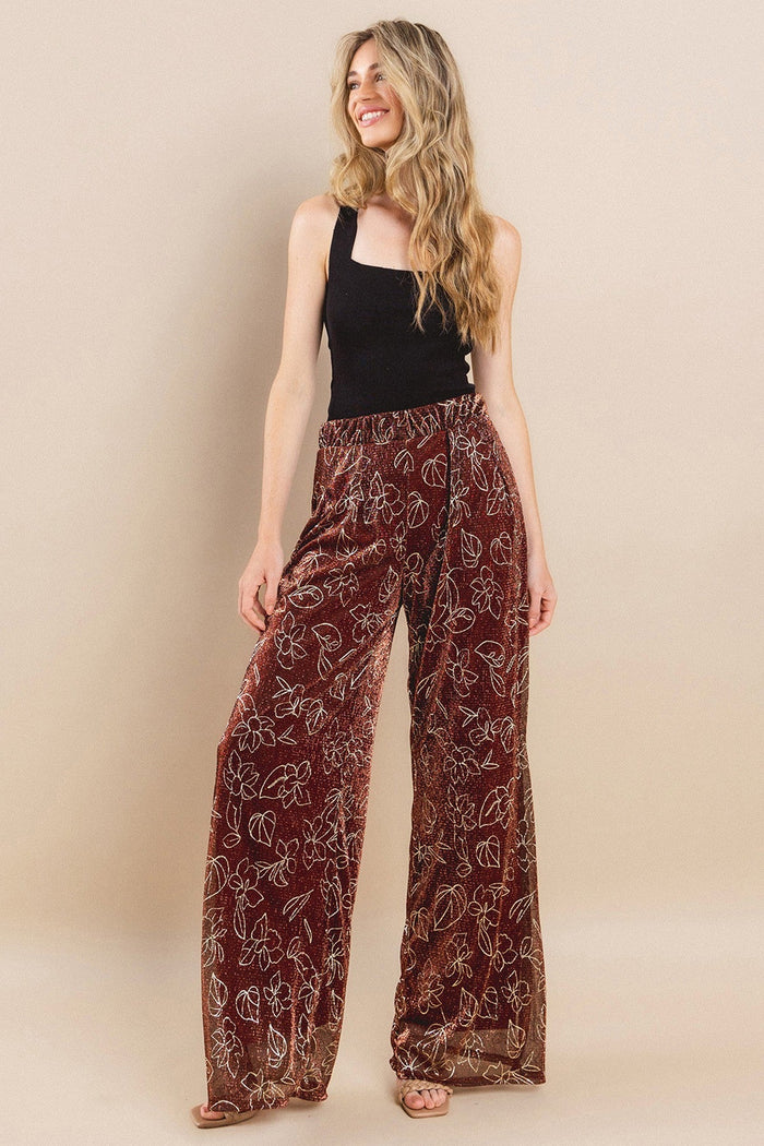 METALLIC FOIL PLEATED SHEER PANTS WITH LINING W2371PA