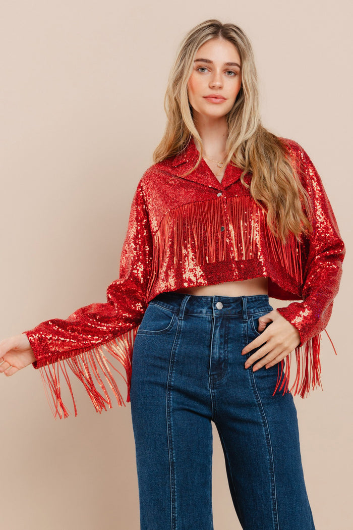 RED SEQUINS FRINGED BLAZER W6317JIA