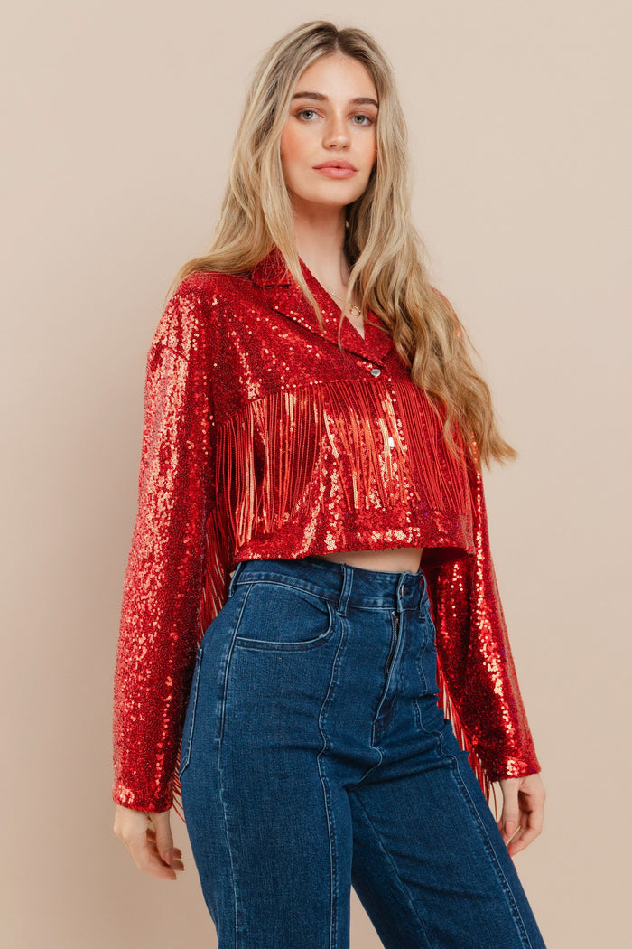 RED SEQUINS FRINGED BLAZER W6317JIA