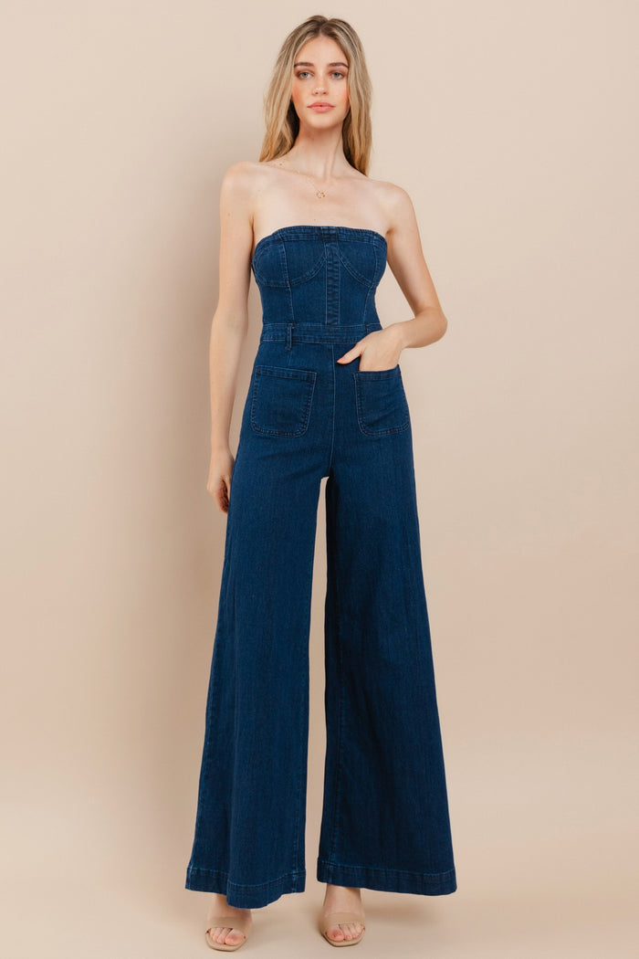 OFF SHOULDER WIDE LEG DARK DENIM JUMPSUIT W4406RIA