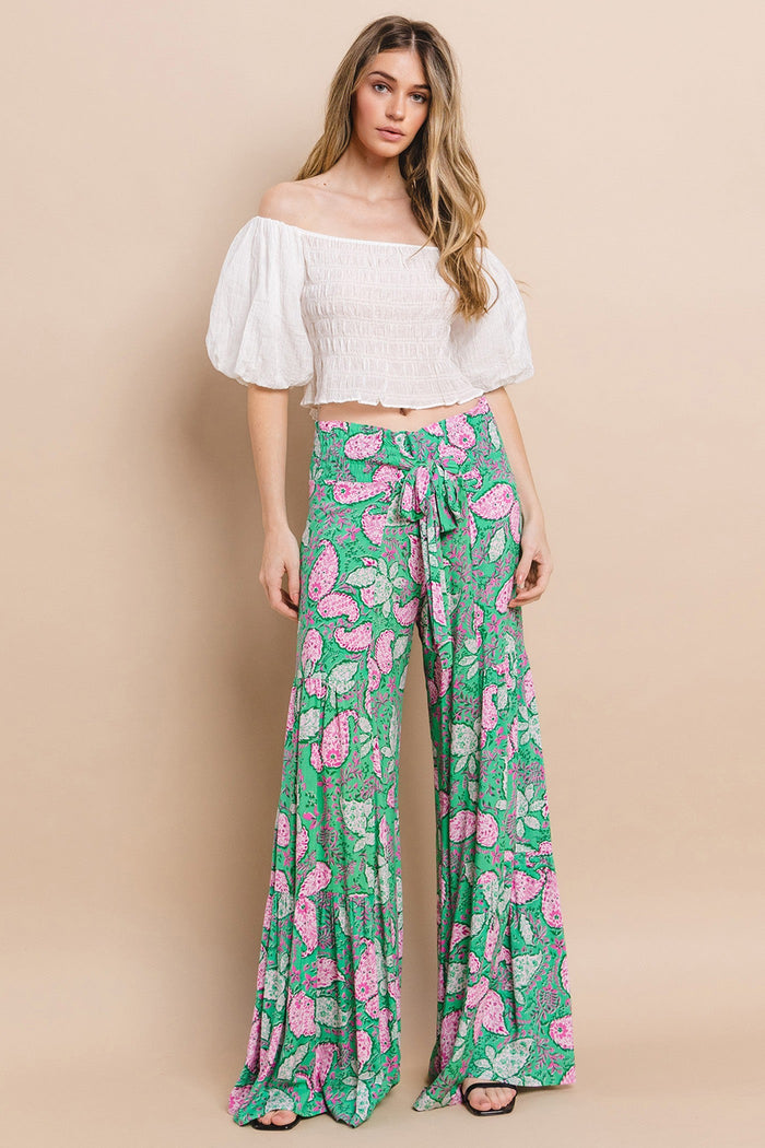 PRINTED PALAZZO PANTS WITH WAIST SASH W2314PIB