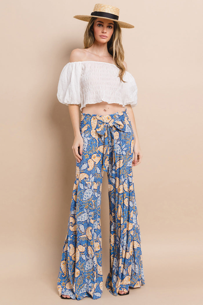 PRINTED PALAZZO PANTS WITH WAIST SASH W2314PIB