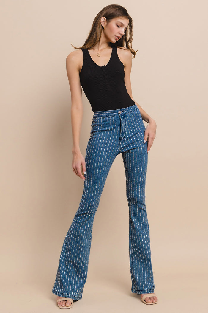 PREMIUM RHINESTONE STRIPED BOOTCUT FLARE JEANS W2455PIA