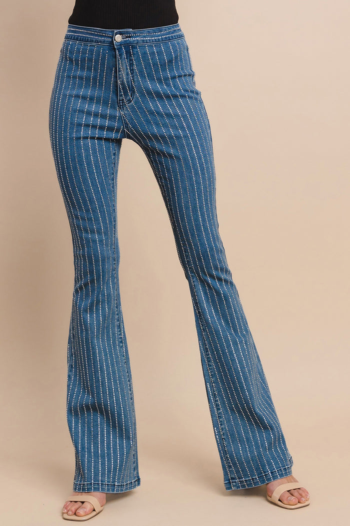 PREMIUM RHINESTONE STRIPED BOOTCUT FLARE JEANS W2455PIA