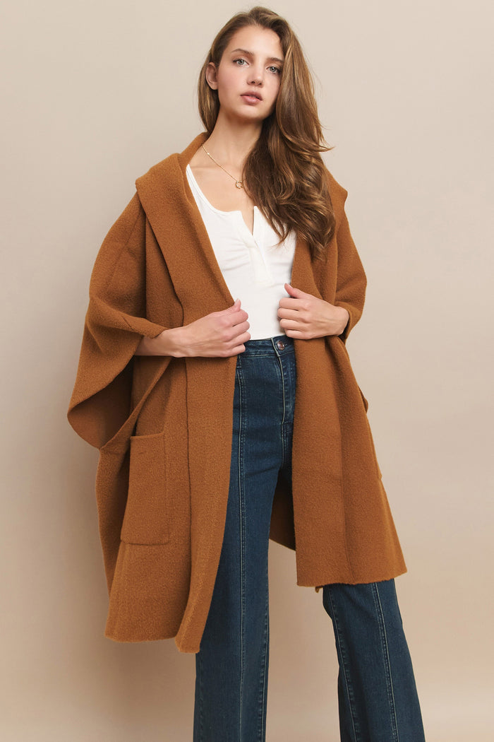 OVERSIZED HOODED KNIT PONCHO WITH POCKETS W6444JIA