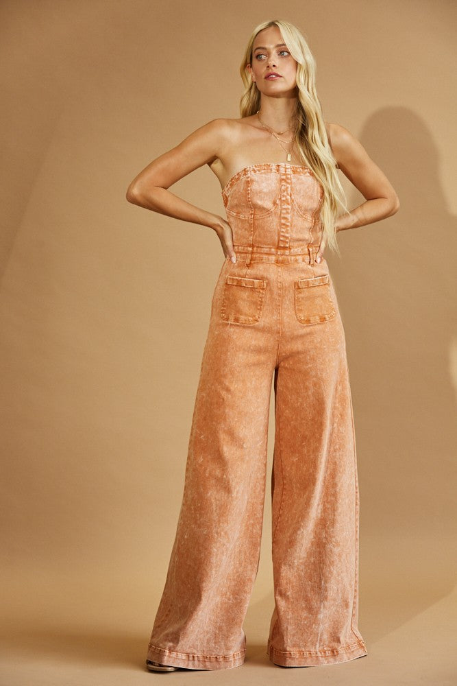 OFF SHOULDER WIDE LEG DENIM JUMPSUIT W4406RIB