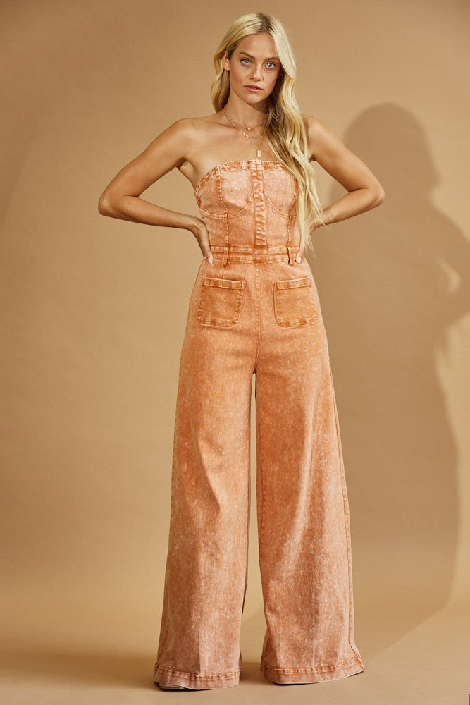OFF SHOULDER WIDE LEG DENIM JUMPSUIT W4406RIB