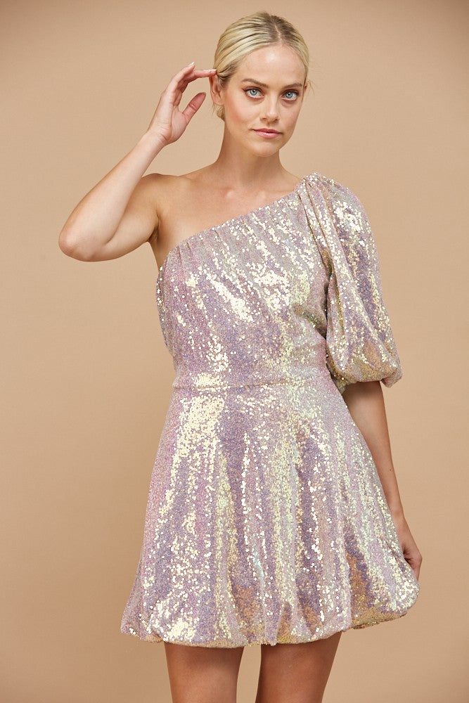 ONE SHOULDER BUBBLE DETAIL SEQUINS MINI DRESS W3145DIB