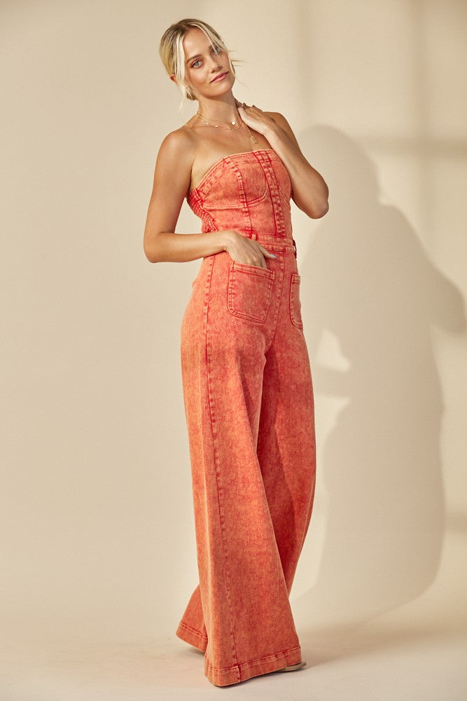 OFF SHOULDER WIDE LEG DENIM JUMPSUIT W4406RIB