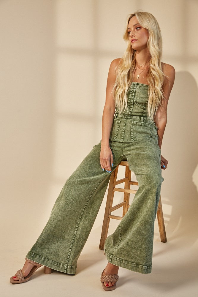 OFF SHOULDER WIDE LEG DENIM JUMPSUIT W4406RIB