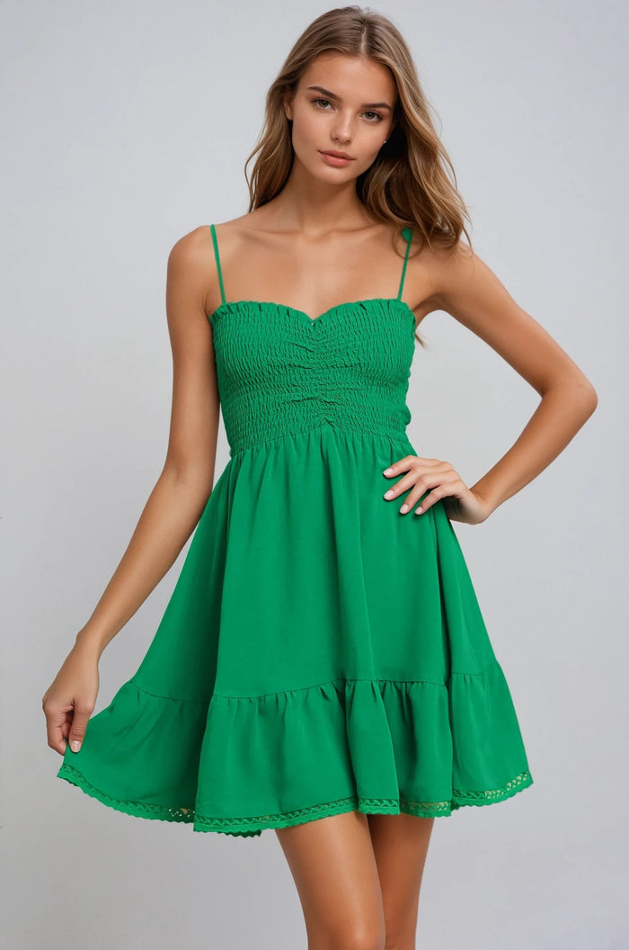 LACE TRIM SMOCKED MINI DRESS WITH WIDE SWEEP W3064DIA