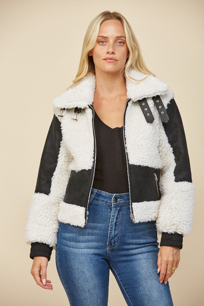 FAUX LEATHER SHEARLING MOTO JACKET W6429JIA