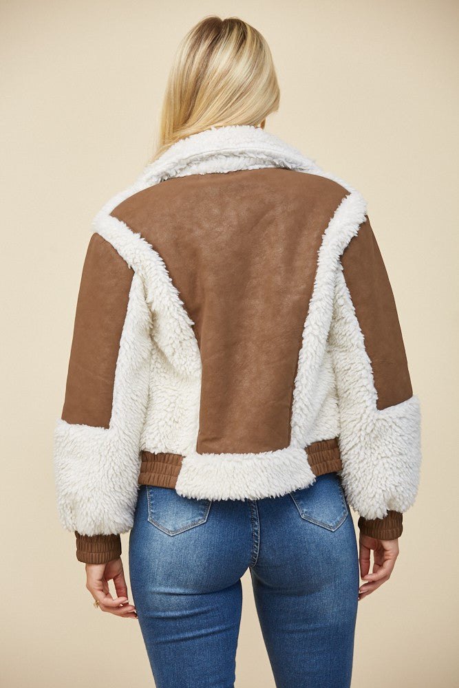 FAUX LEATHER SHEARLING MOTO JACKET W6429JIA