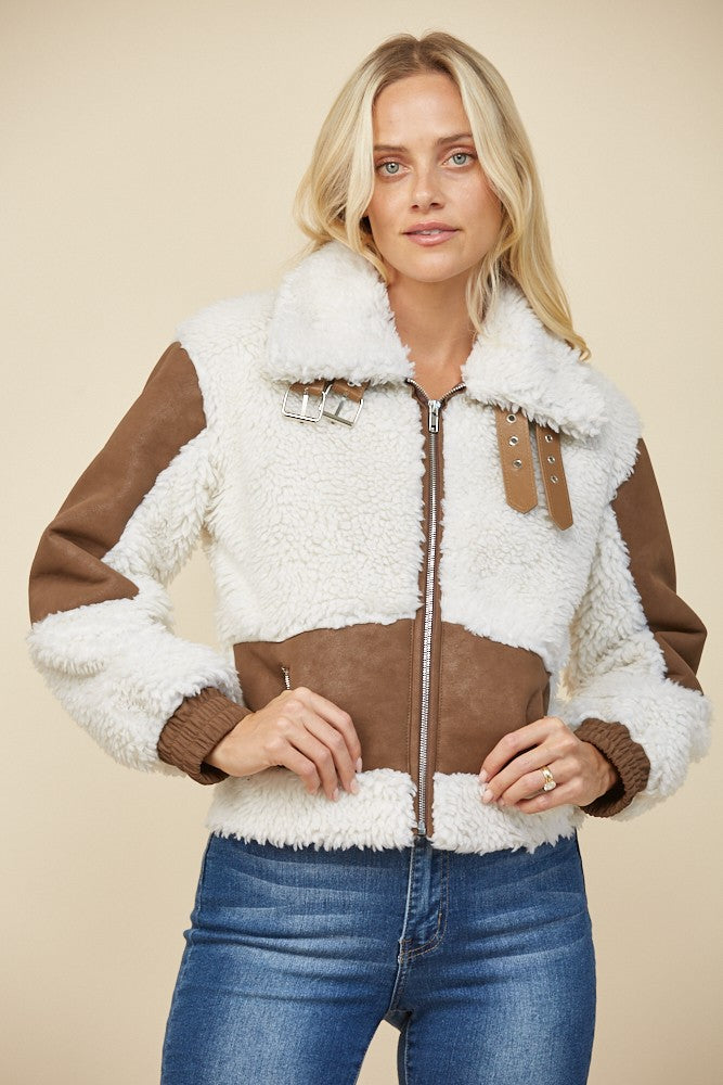 FAUX LEATHER SHEARLING MOTO JACKET W6429JIA