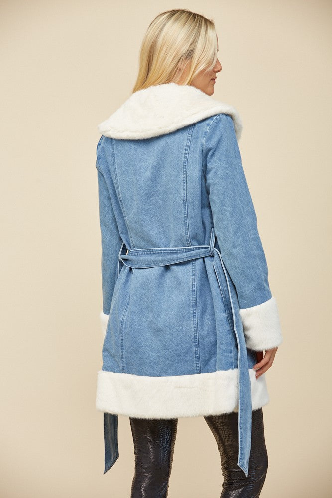 SOFT FAUX FUR LINED DENIM COAT WITH SASH W6411JIA