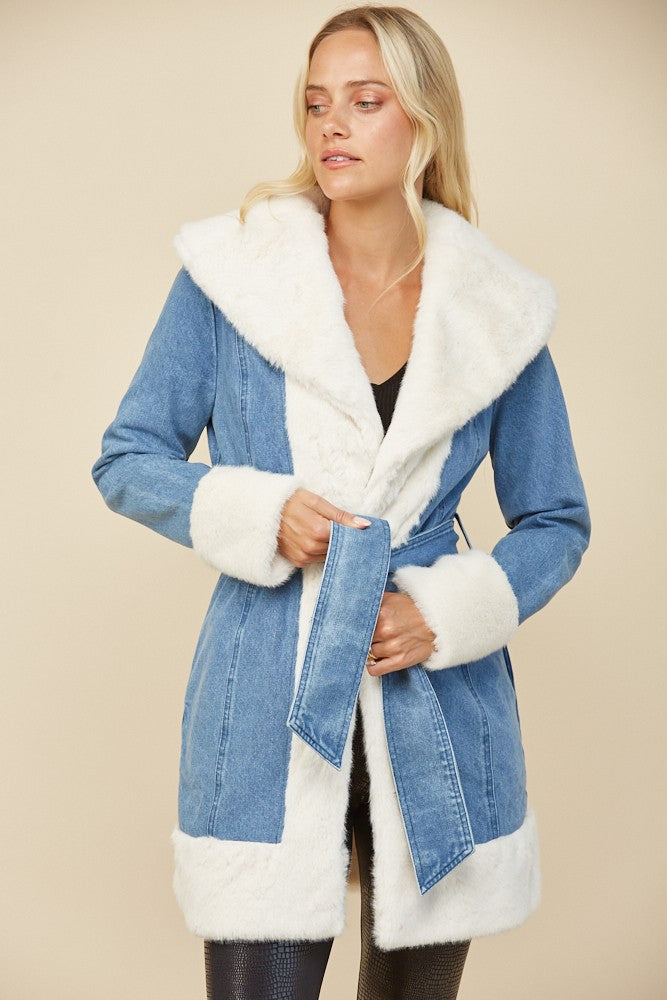 SOFT FAUX FUR LINED DENIM COAT WITH SASH W6411JIA