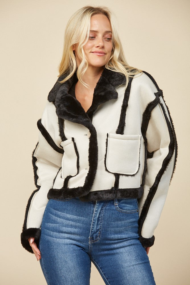 CONTRAST FUR FAUX SUEDE JACKET W6430JIA
