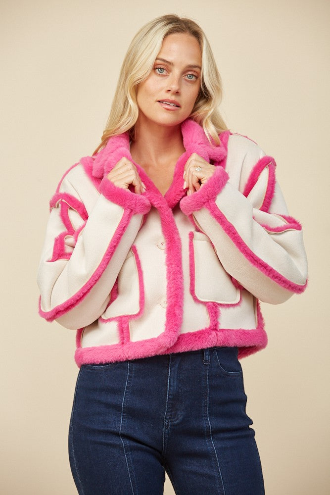 CONTRAST FUR FAUX SUEDE JACKET W6430JIA