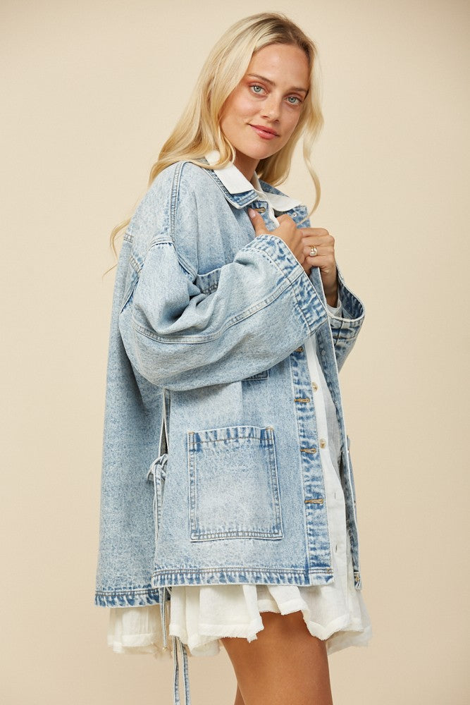 BOHO SIDE TIE DETAIL OVERSIZED DENIM JACKET W6439JIA