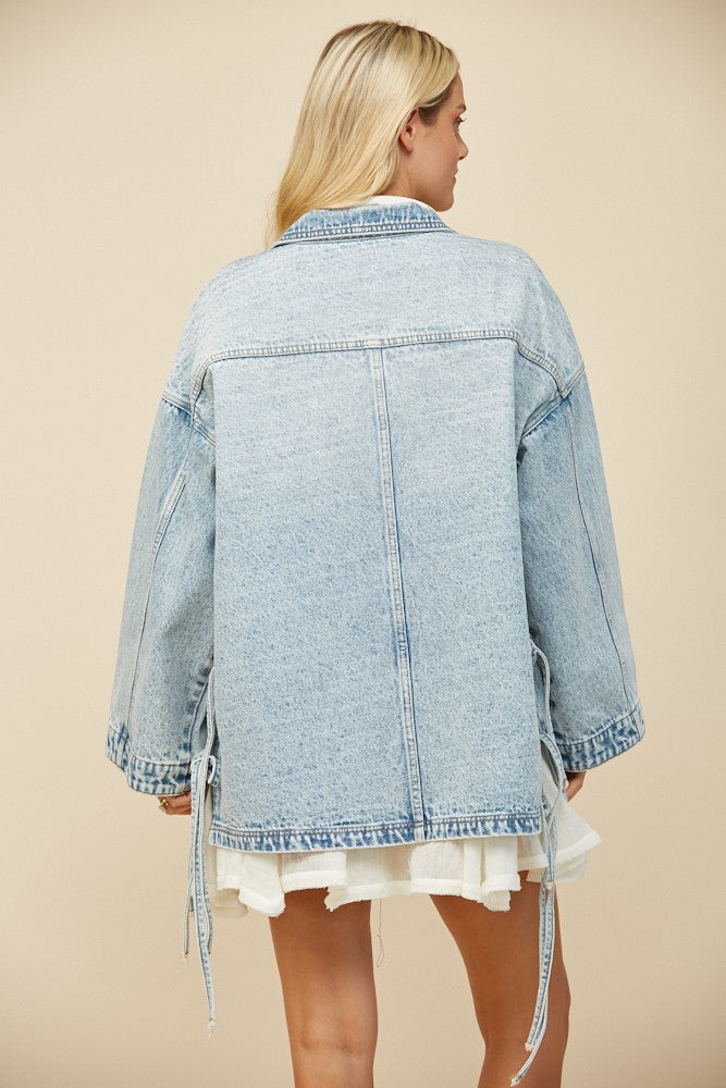 BOHO SIDE TIE DETAIL OVERSIZED DENIM JACKET W6439JIA