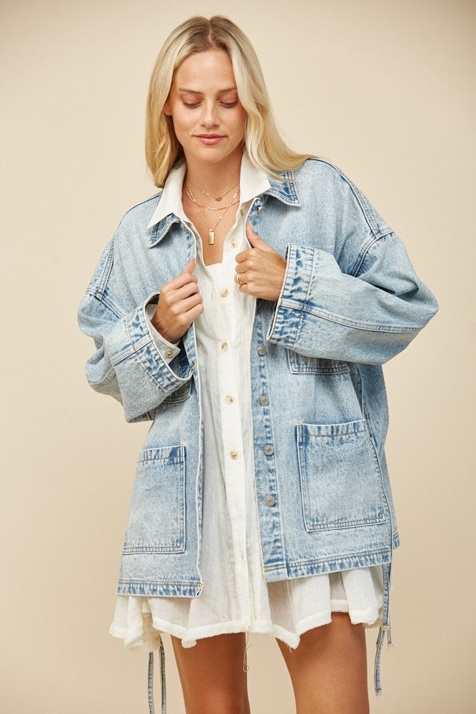 BOHO SIDE TIE DETAIL OVERSIZED DENIM JACKET W6439JIA