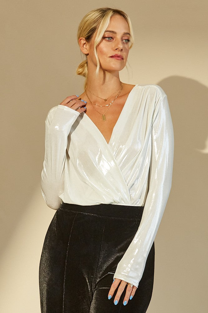METALLIC SLINKY LONG SLEEVE SURPLICE BODYSUIT W1499RB