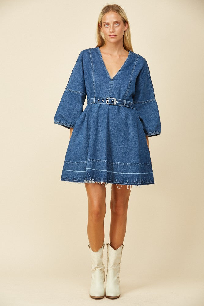 V NECK MINI DENIM DRESS WITH POCKETS W3150DIA