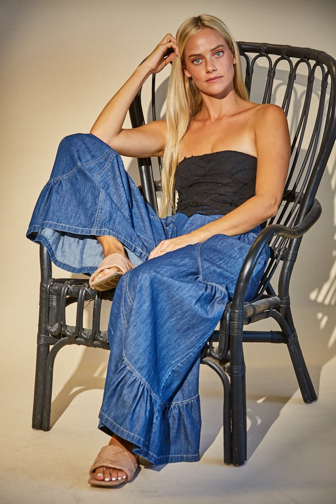 BOHO WIDE LEG DENIM TIERED PALAZZO PANTS W2433PIA