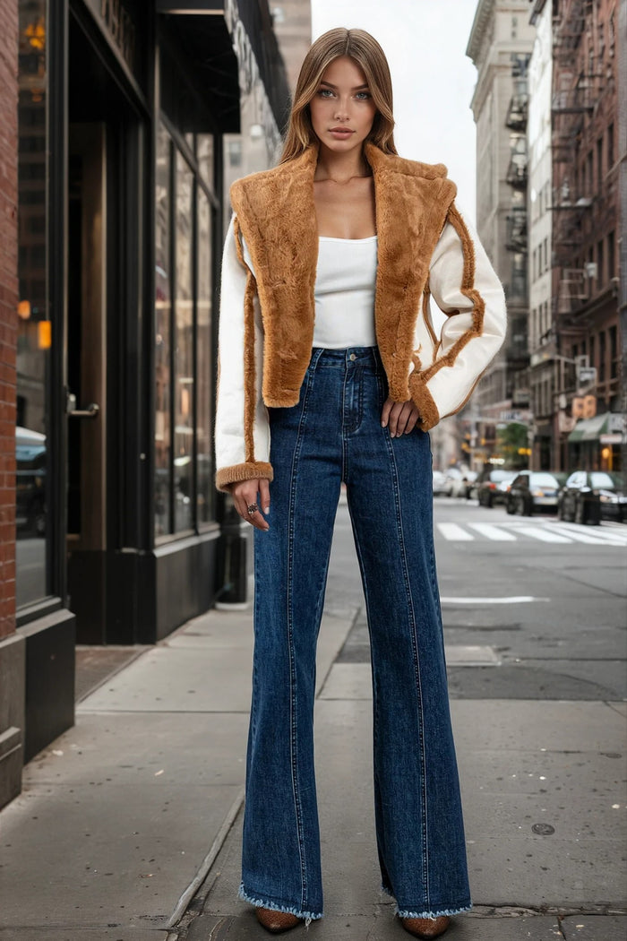 CONTRAST FUR FAUX SUEDE JACKET W6430JIA