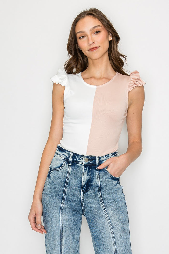 RIBBED COLOR BLOCK RUFFLED BODYSUIT W4006RA