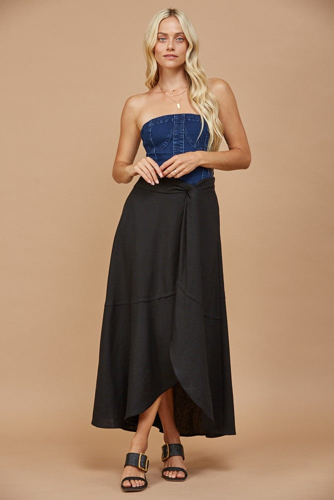 CREAM PRINT LINEN FAUX WRAP MAXI SKIRT W5331SIA