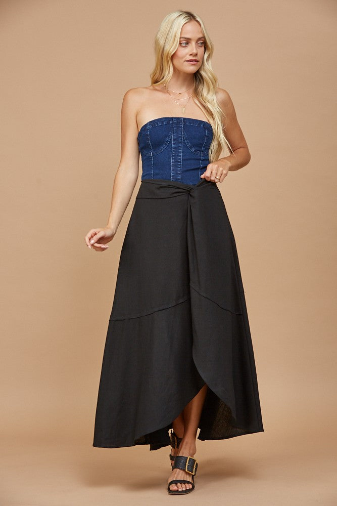 CREAM PRINT LINEN FAUX WRAP MAXI SKIRT W5331SIA