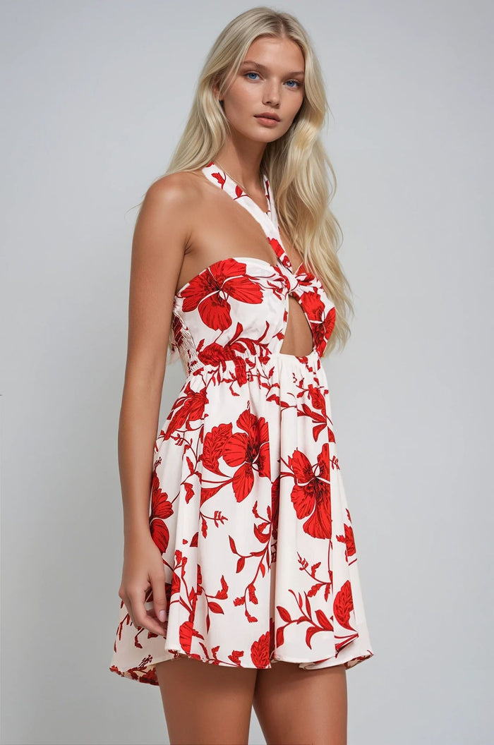 FLORAL PRINT HALTER CUT OUT MINI DRESS W3118DA