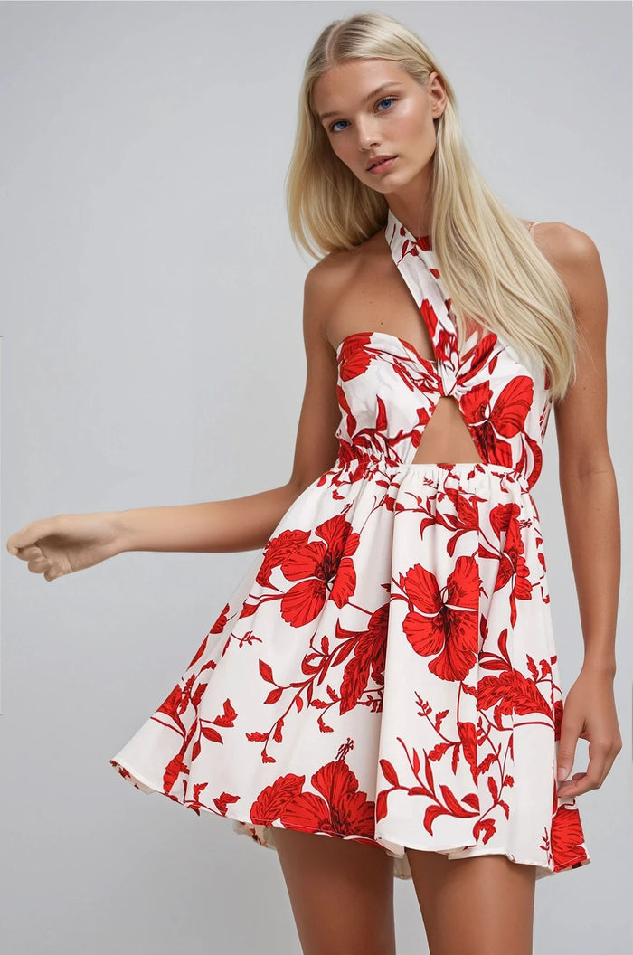 FLORAL PRINT HALTER CUT OUT MINI DRESS W3118DA