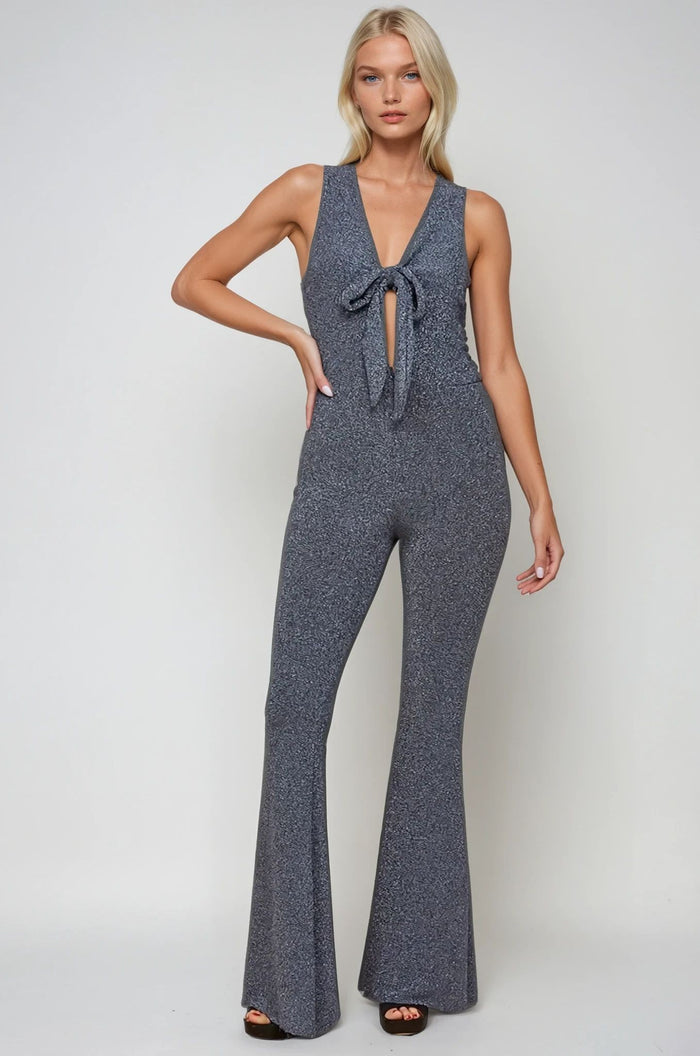 METALLIC FOIL STRETCH KNIT FLARE JUMPSUIT  W4420RA