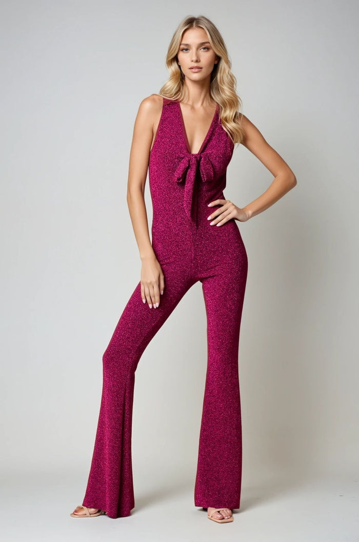 METALLIC FOIL STRETCH KNIT FLARE JUMPSUIT  W4420RA