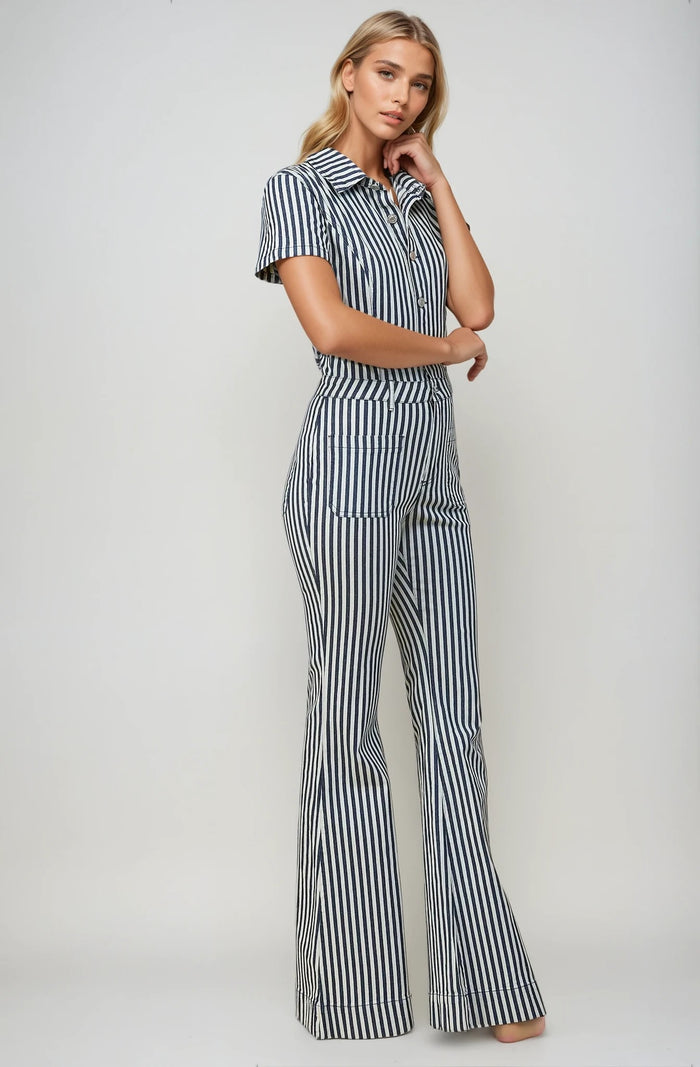 STRIPED DENIM FLARED JUMPSUIT-W4330RID