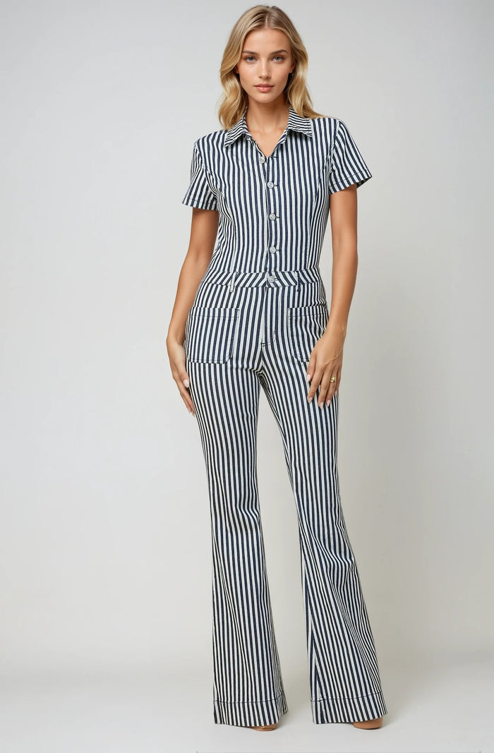 STRIPED DENIM FLARED JUMPSUIT-W4330RID