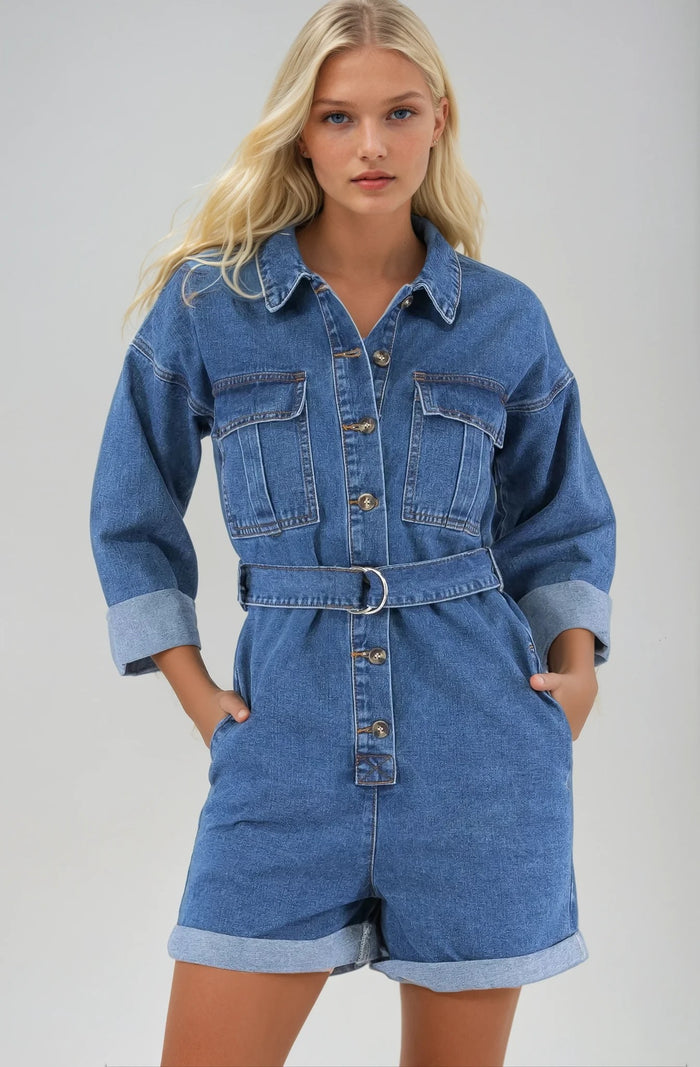 LONGLINE BELTED DENIM UTILITY ROMPER W4488RIA